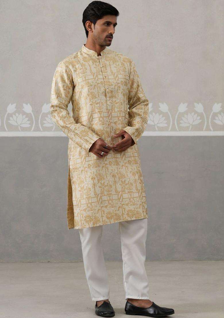 Beige Printed Silk Blend Kurta Set For Men - Indya