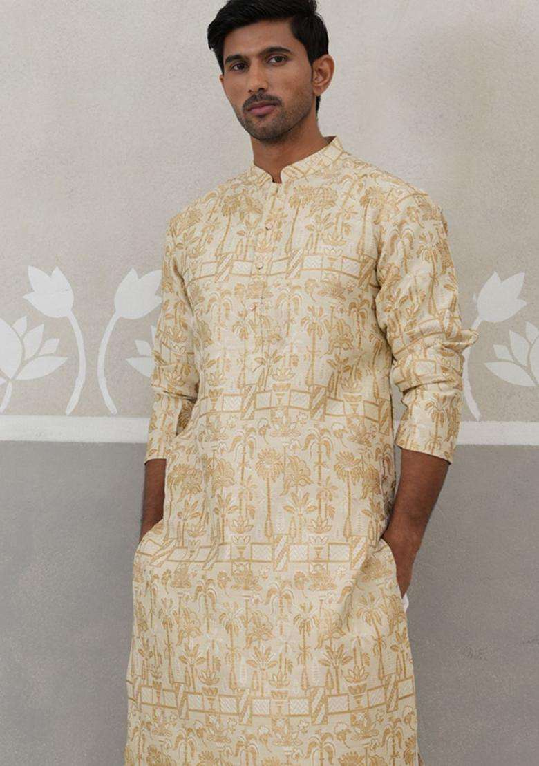 Beige Printed Silk Blend Kurta Set For Men - Indya