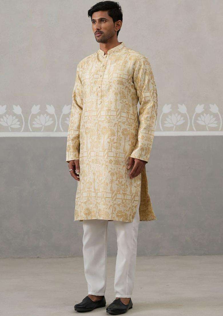 Beige Printed Silk Blend Kurta Set For Men - Indya