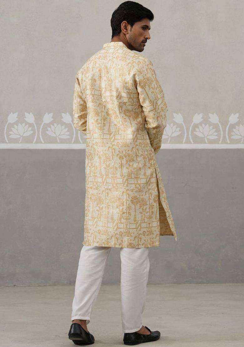 Beige Printed Silk Blend Kurta Set For Men - Indya