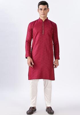 Red Printed Cotton Kurta Set For Men
