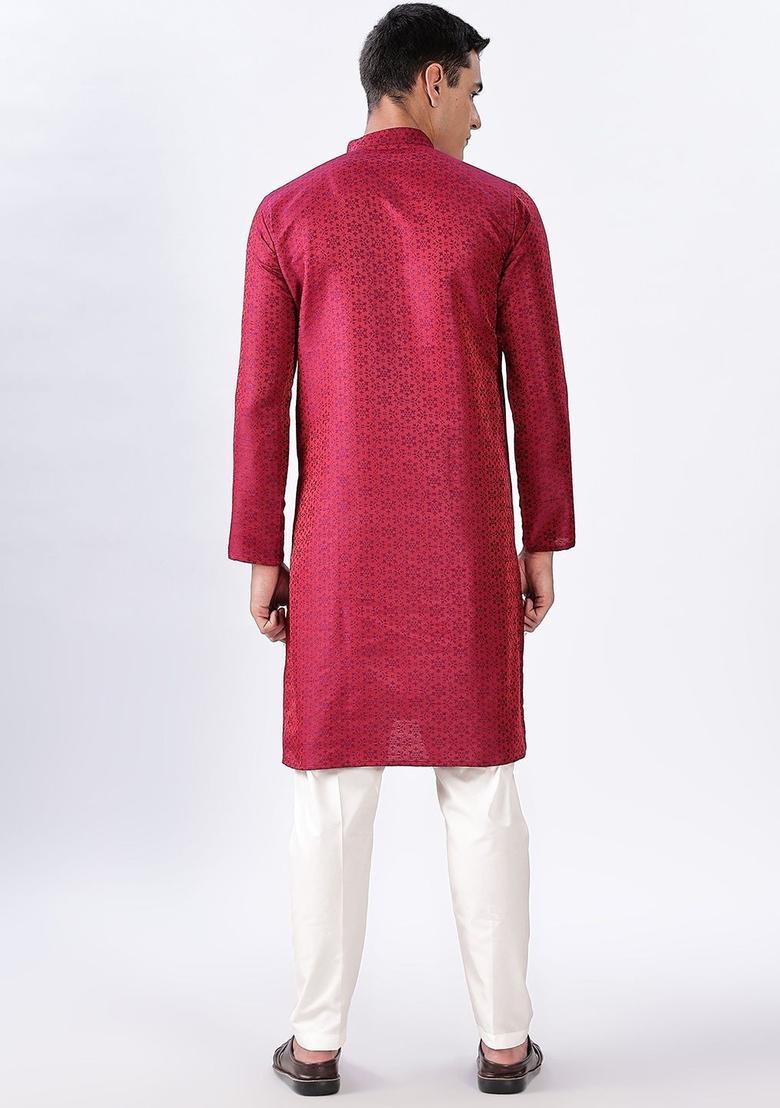 Red Printed Cotton Kurta Set For Men - Indya