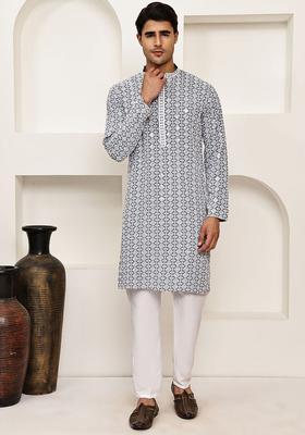 Grey Embroidered Viscose Kurta Set For Men