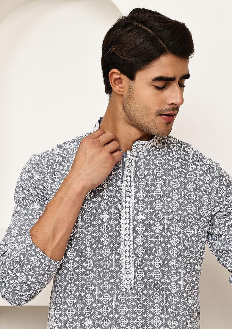 Grey Embroidered Viscose Kurta Set For Men - Indya