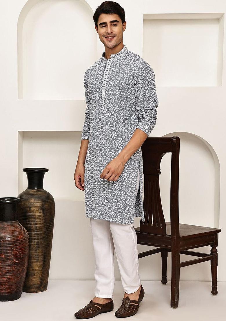 Grey Embroidered Viscose Kurta Set For Men - Indya