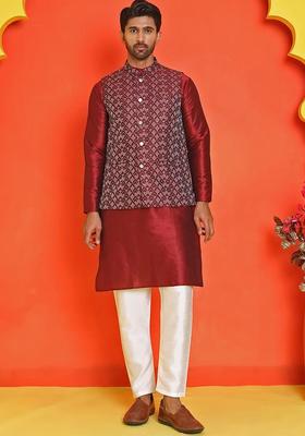 Maroon Embroidered Silk Kurta Set For Men