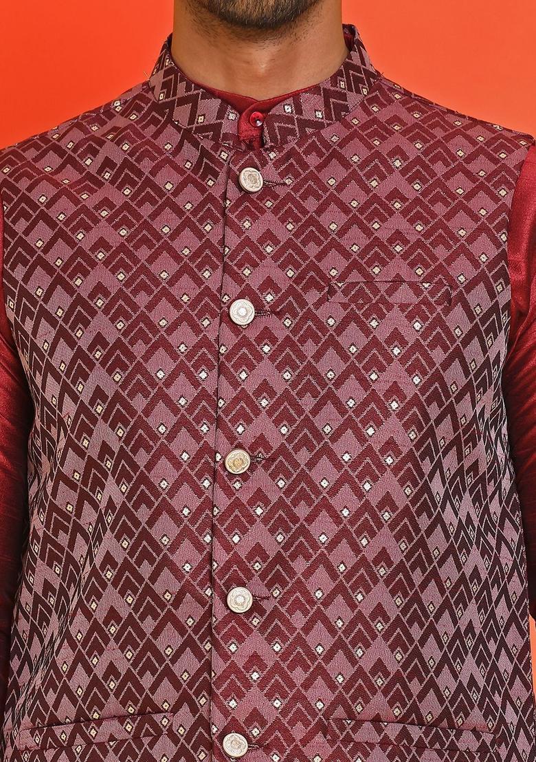 Maroon Embroidered Silk Kurta Set For Men - Indya
