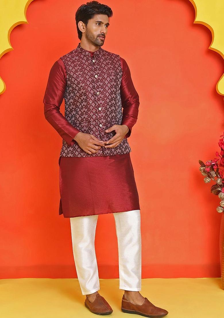 Maroon Embroidered Silk Kurta Set For Men - Indya