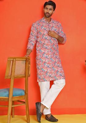 Red Printed Silk Kurta Set For Men