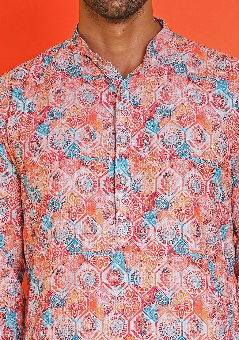 Red Printed Silk Kurta Set For Men - Indya