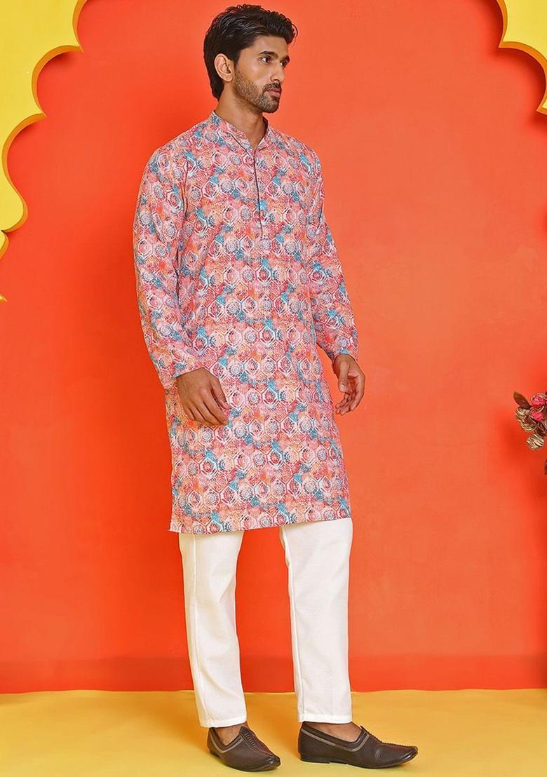 Red Printed Silk Kurta Set For Men - Indya