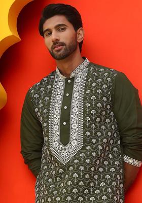Olive Embroidered Silk Kurta Set For Men