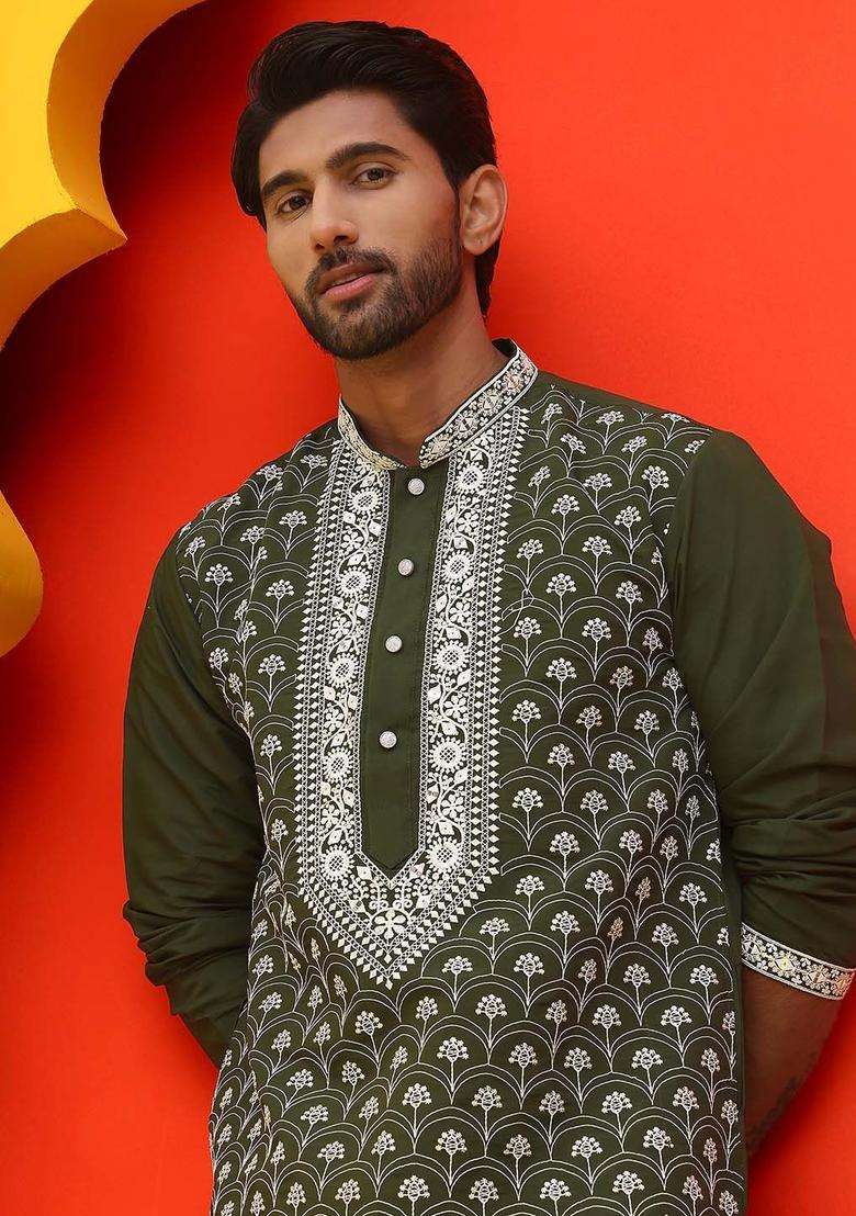 Olive Embroidered Silk Blend Kurta Set For Men - Indya
