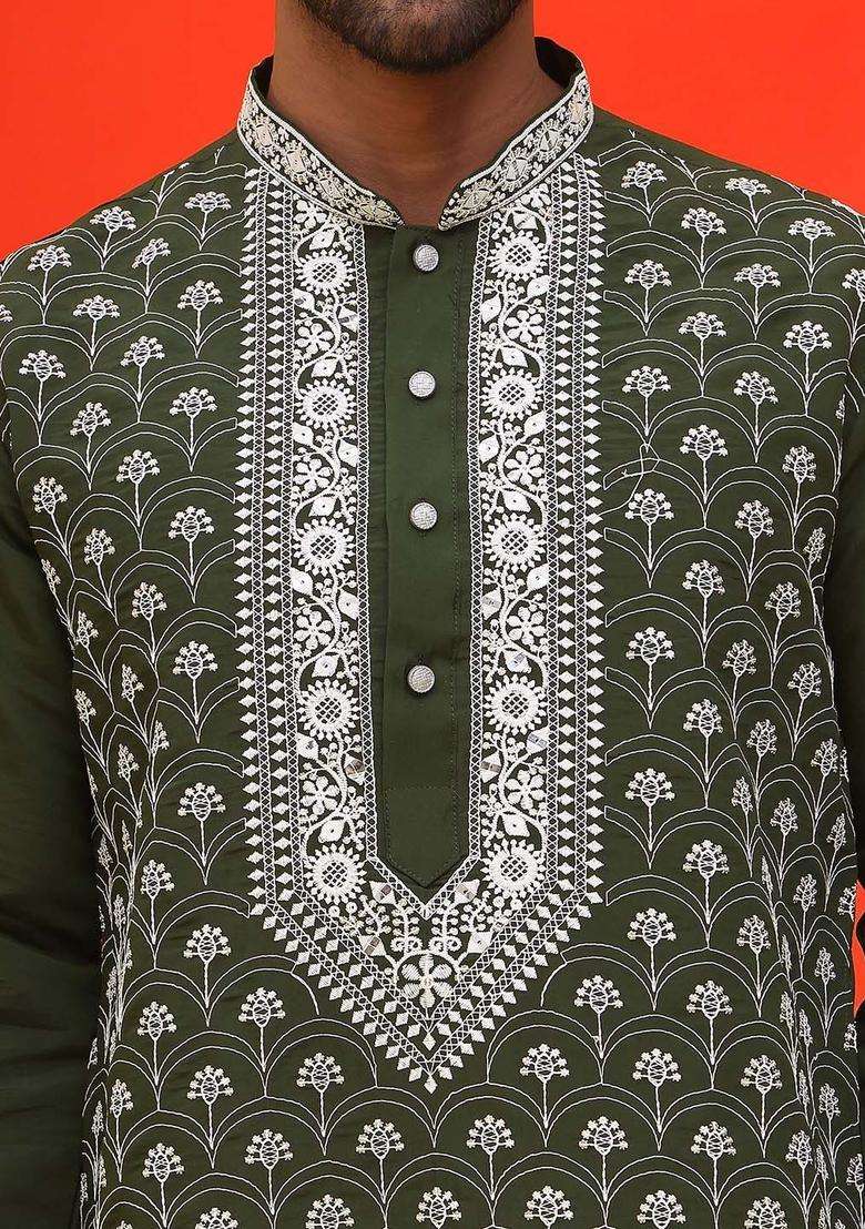 Olive Embroidered Silk Blend Kurta Set For Men - Indya