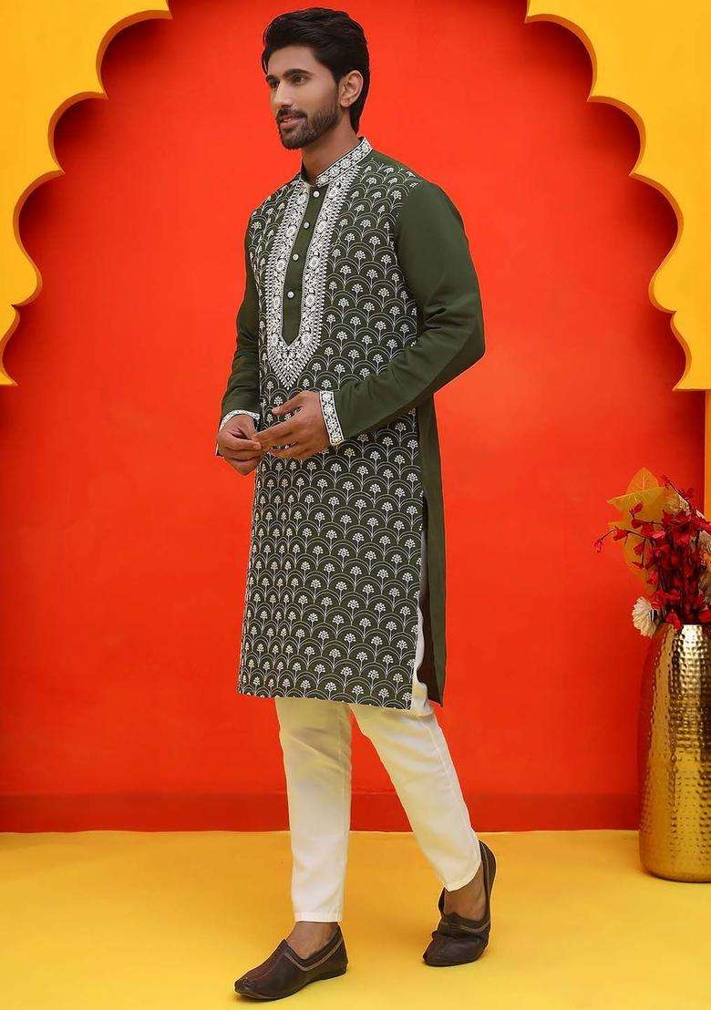 Olive Embroidered Silk Blend Kurta Set For Men - Indya