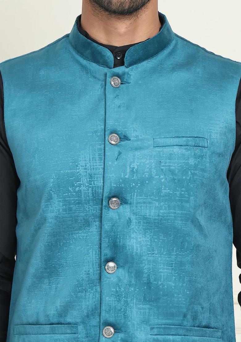 Black Solid Velvet Kurta Set For Men - Indya