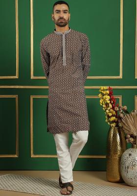 Brown Printed Cotton Kurta Set For Men