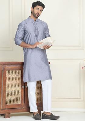 Grey Woven Design Silk Kurta Set For Men