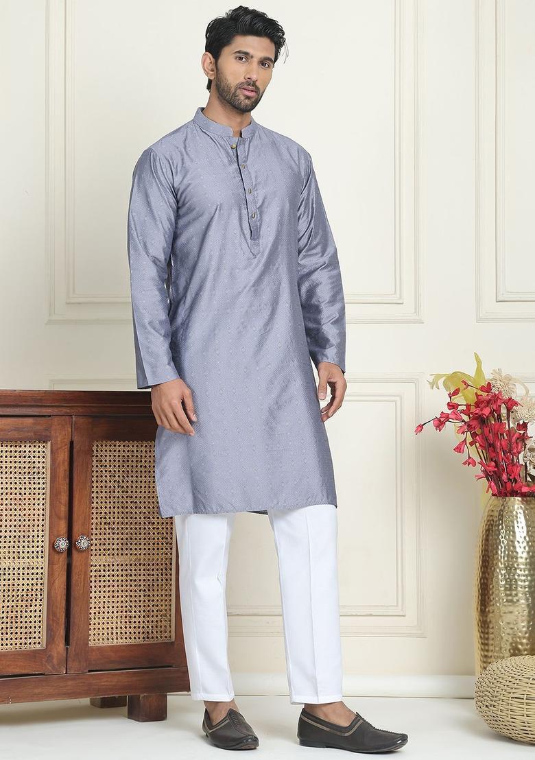 Grey Woven Design Silk Kurta Set For Men - Indya