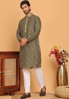 Olive Embroidered Silk Kurta Set For Men