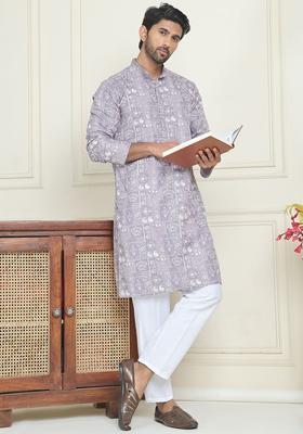 Grey Embroidered Silk Kurta Set For Men