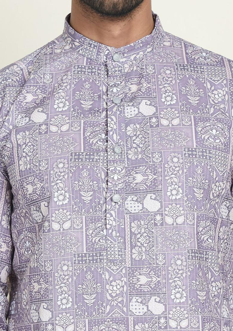 Grey Embroidered Silk Kurta Set For Men - Indya