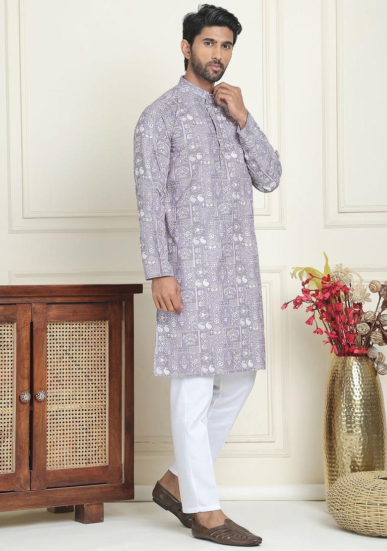 Grey Embroidered Silk Kurta Set For Men - Indya