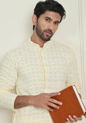 Yellow Embroidered Viscose Kurta Set For Men
