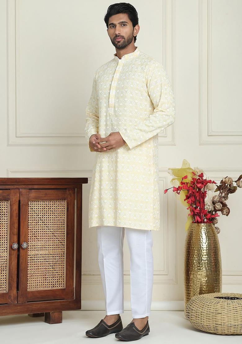 Yellow Embroidered Viscose Kurta Set For Men - Indya