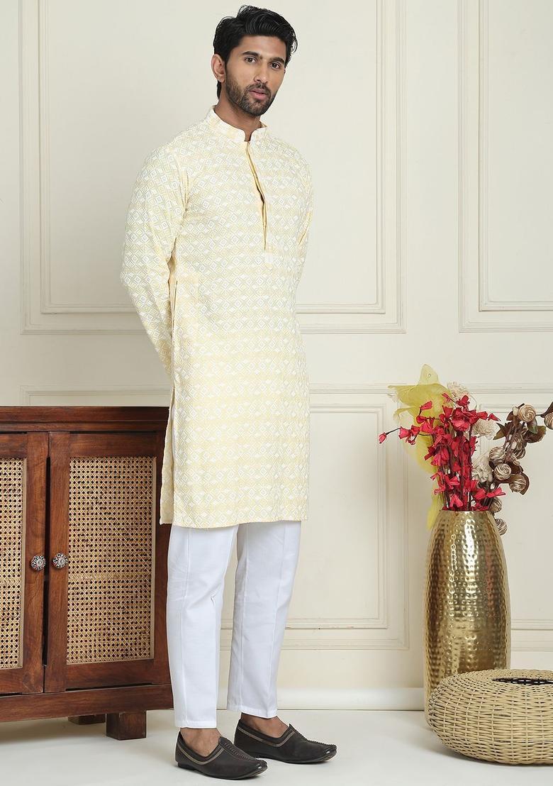 Yellow Embroidered Viscose Kurta Set For Men - Indya
