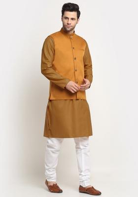 Gold Solid Cotton Kurta Set For Men