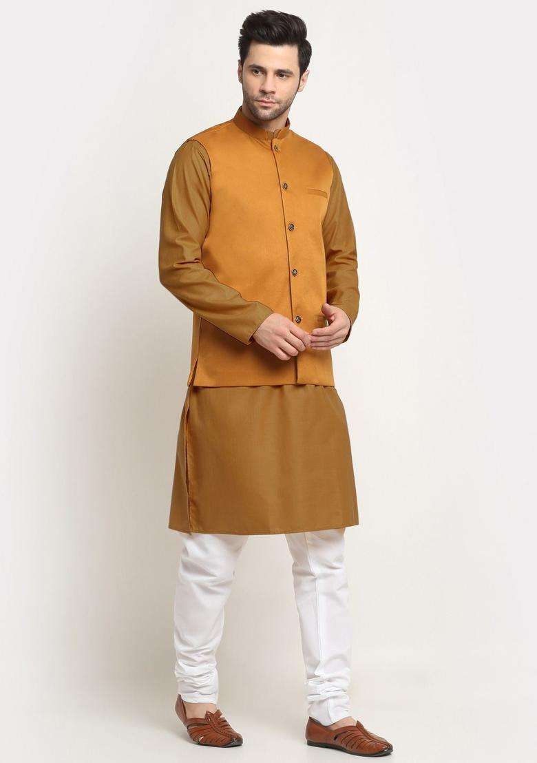 Gold Solid Cotton Kurta Set For Men - Indya