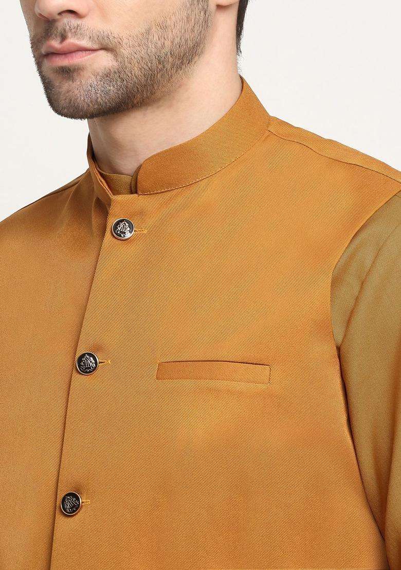 Gold Solid Cotton Kurta Set For Men - Indya