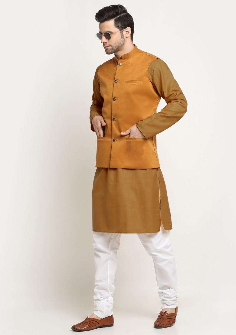 Gold Solid Cotton Kurta Set For Men - Indya