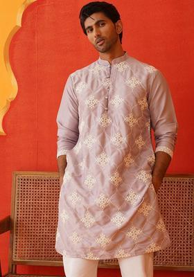 Purple Embroidered Silk Kurta Set For Men