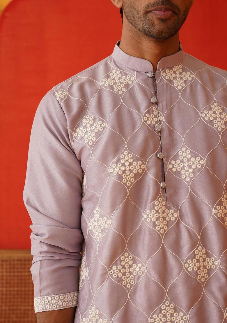 Purple Embroidered Silk Kurta Set For Men - Indya