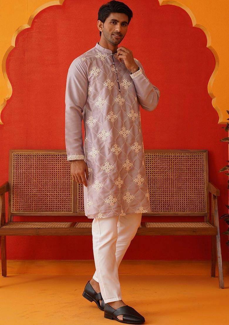 Purple Embroidered Silk Kurta Set For Men - Indya