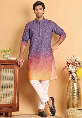 Purple Printed Cotton Kurta Set For Men