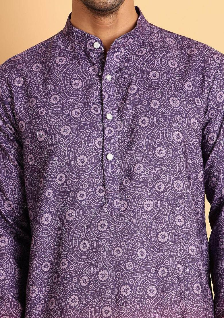 Purple Printed Cotton Kurta Set For Men - Indya