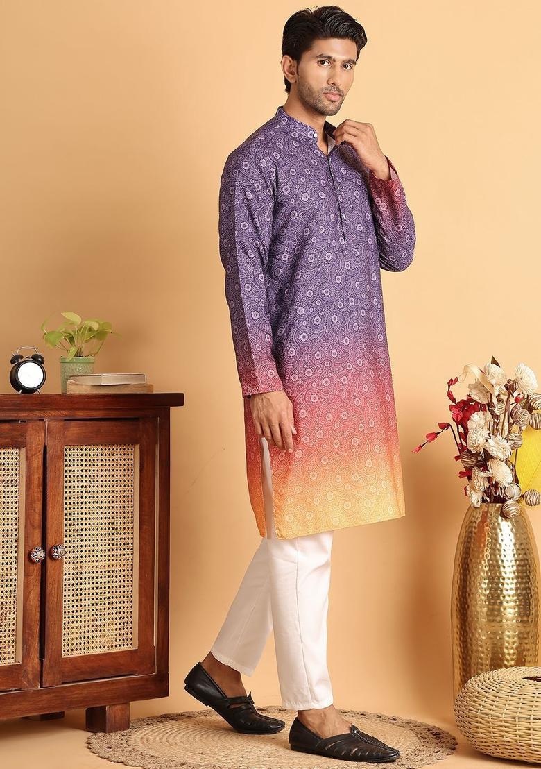Purple Printed Cotton Kurta Set For Men - Indya