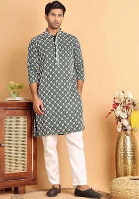 Olive Embroidered Viscose Kurta Set For Men