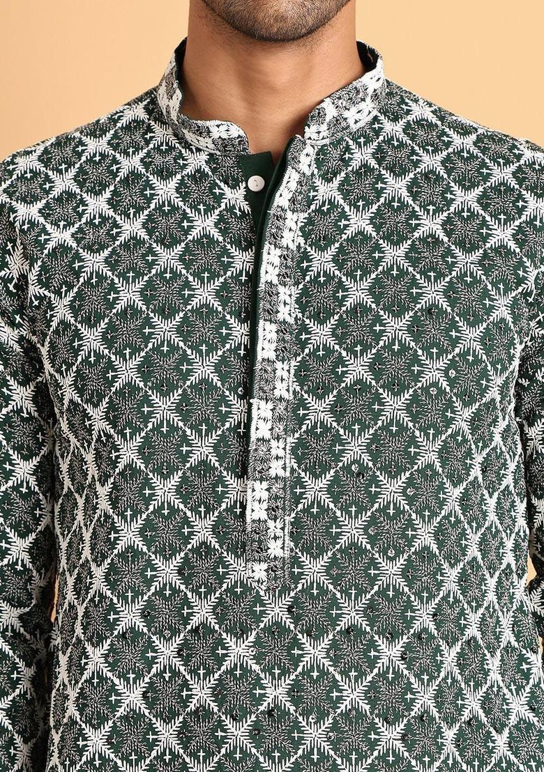 Olive Embroidered Viscose Kurta Set For Men - Indya