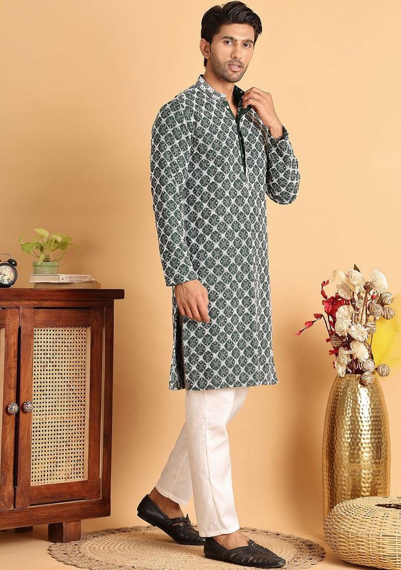Olive Embroidered Viscose Kurta Set For Men - Indya