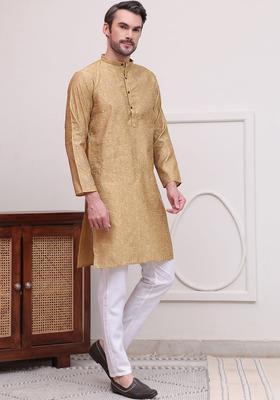 Beige Woven Design Silk Blend Kurta Set For Men