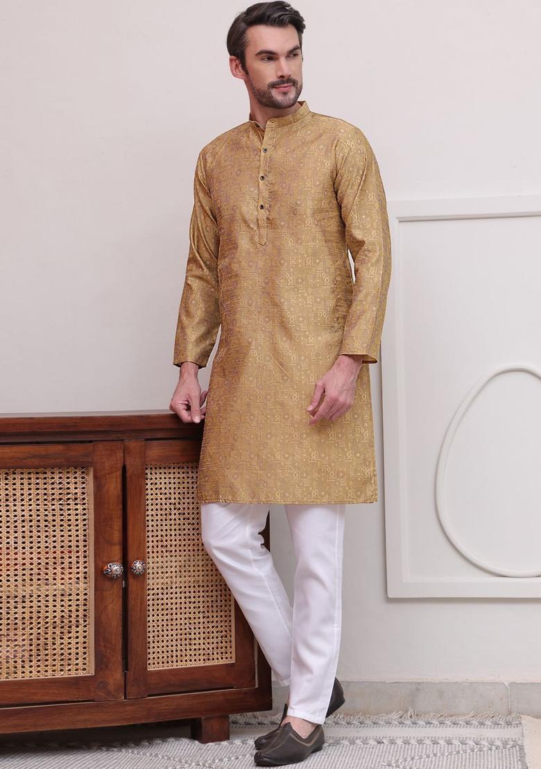 Beige Woven Design Silk Kurta Set For Men - Indya