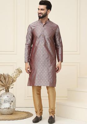 Grey Woven Design Silk Kurta Set For Men