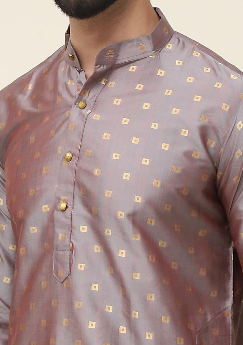 Grey Woven Design Silk Kurta Set For Men - Indya