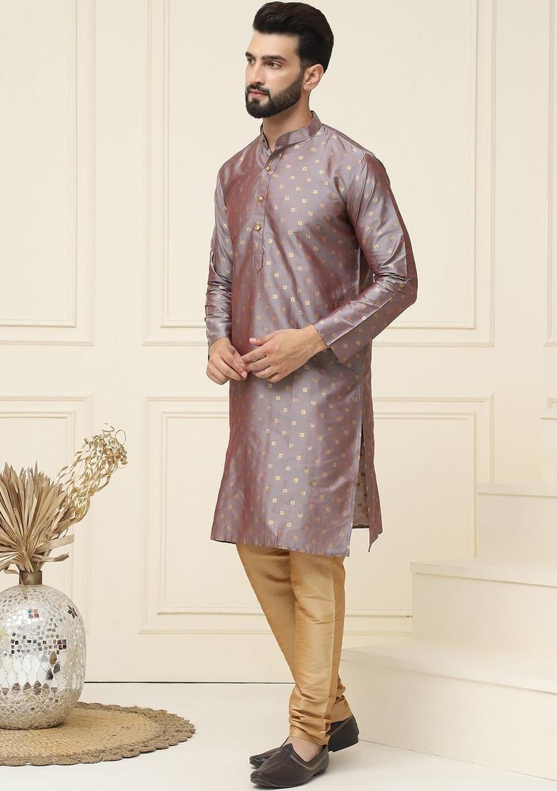 Grey Woven Design Silk Kurta Set For Men - Indya
