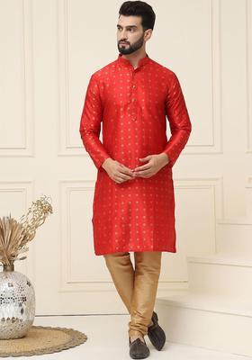 Maroon Woven Design Silk Kurta Set For Men
