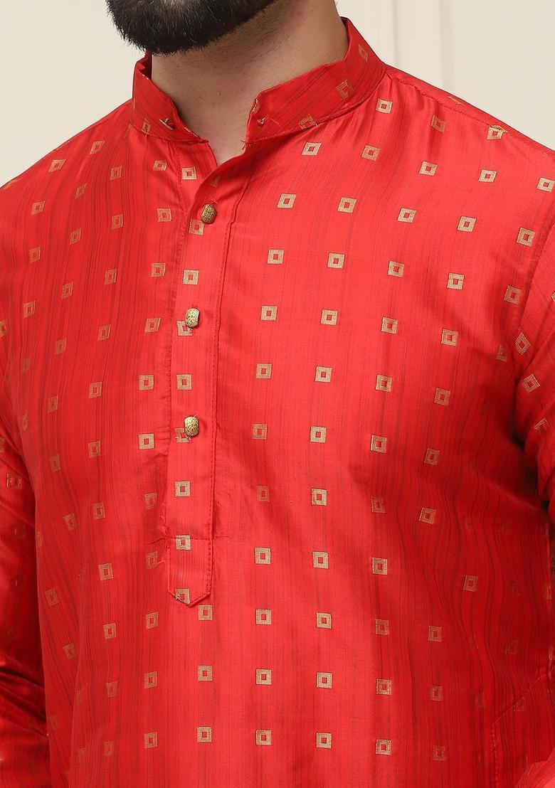 Maroon Woven Design Silk Kurta Set For Men - Indya